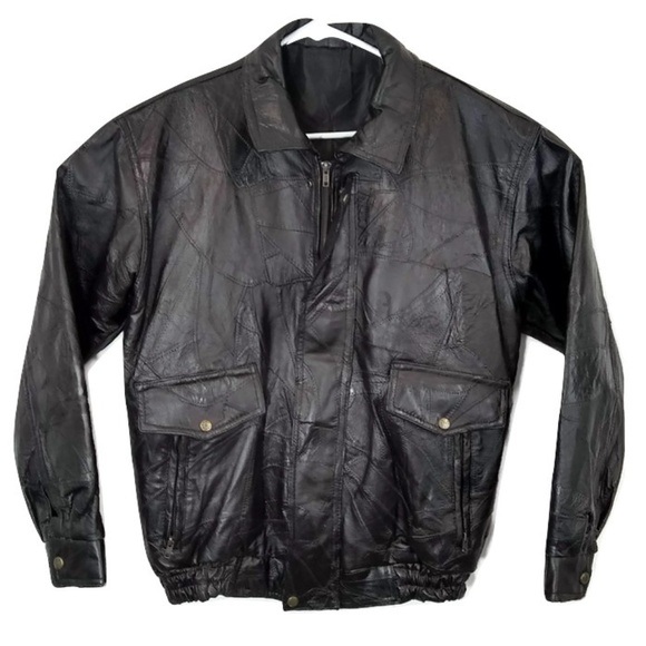 Other - Mens Black Leather Bomber Jacket Elastic Bottom XL